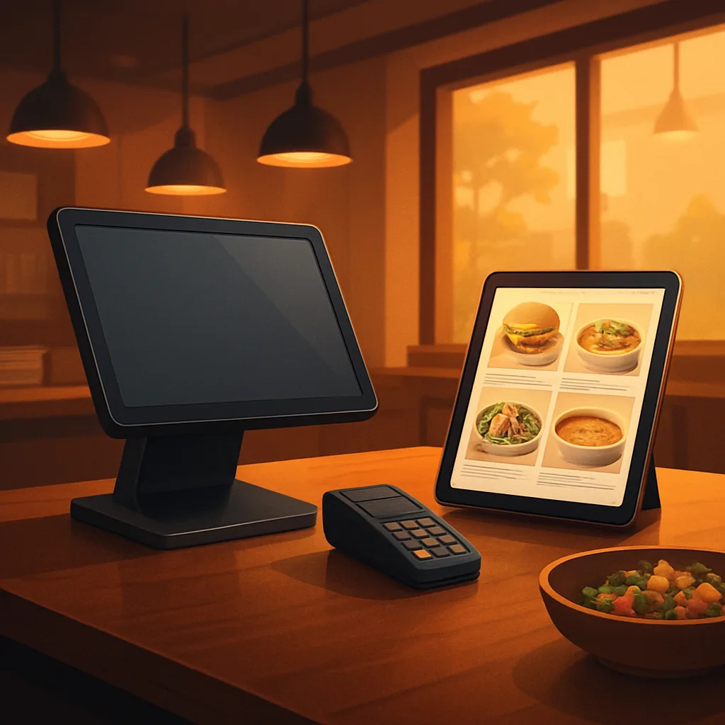 A modern restaurant counter with a sleek touchscreen point-of-sale terminal, a card reader and a tablet showing a digital menu, warm inviting lighting