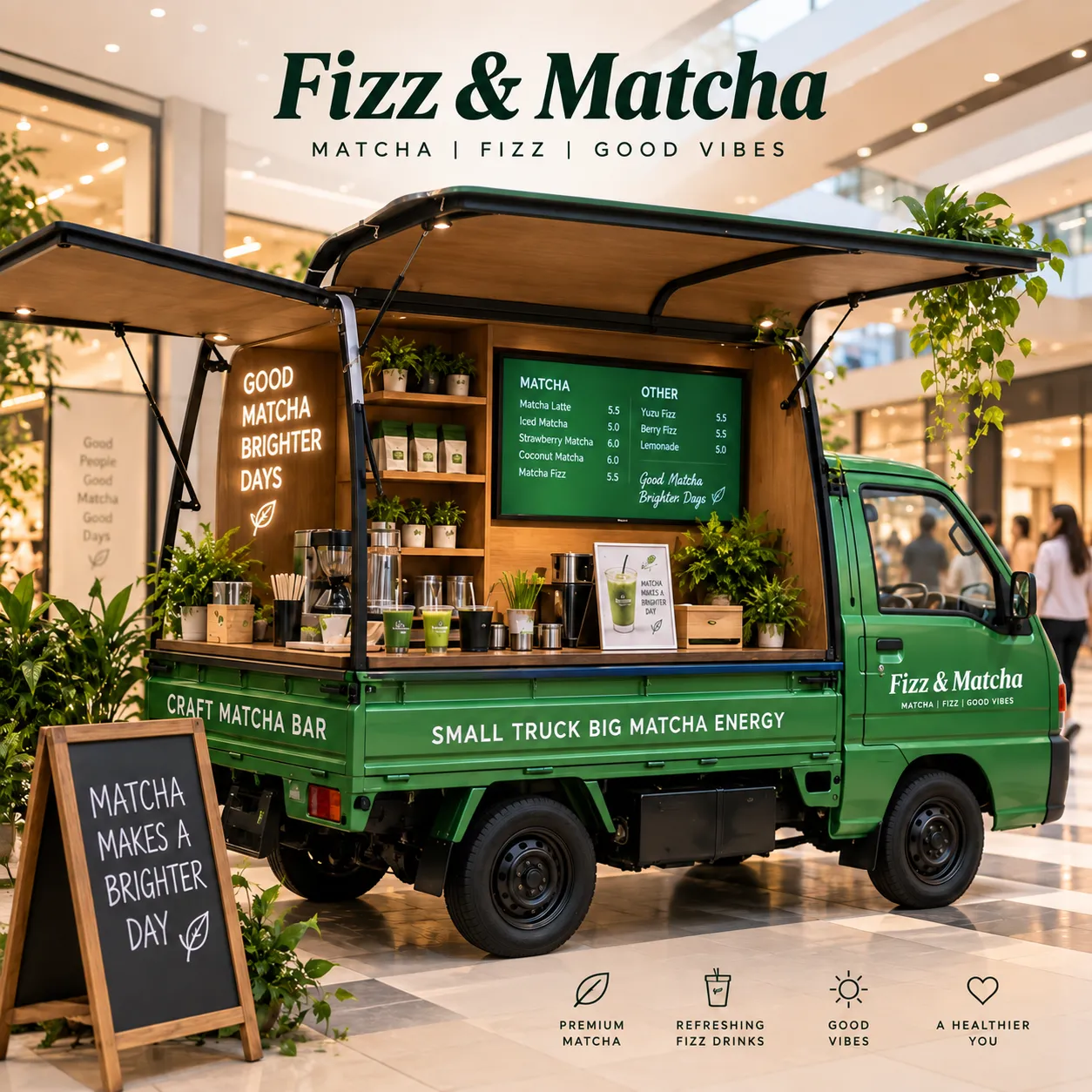 Fizz & Matcha branded green food truck with a menu board of matcha and fizz drinks, parked in a mall, with a sandwich board reading 'Matcha makes a brighter day'