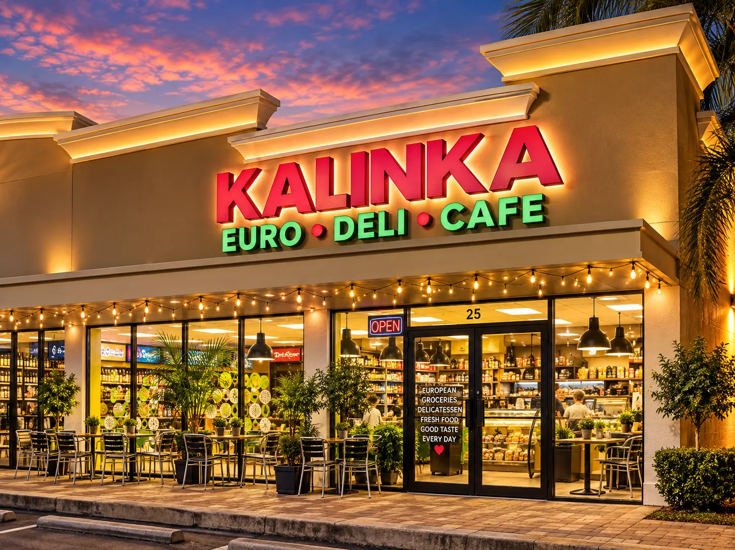 Kalinka Euro Deli Cafe storefront at dusk, glowing sign, string lights and outdoor seating