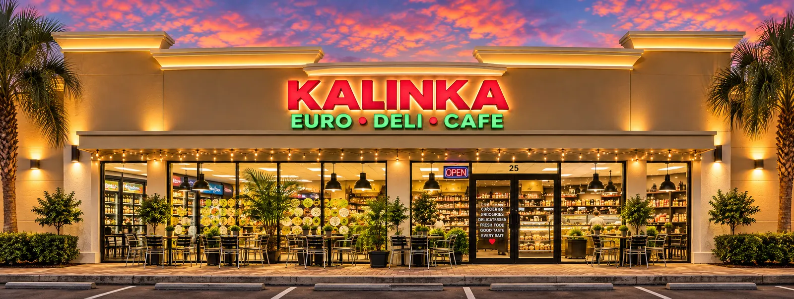 Kalinka Euro Deli storefront lit up at sunset, with outdoor seating and palm trees