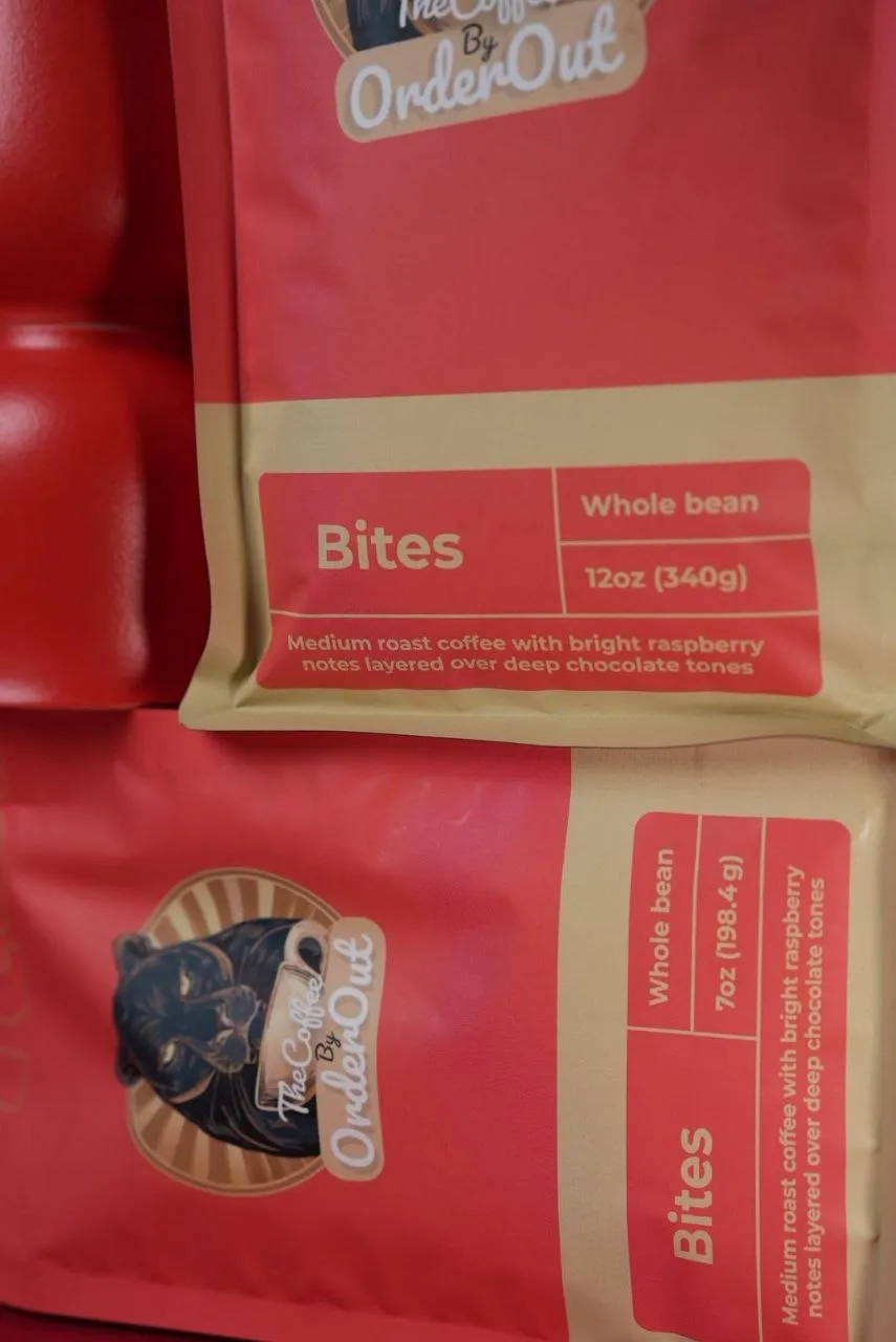Bag of OrderOut Bites whole bean coffee, medium roast with raspberry and chocolate notes